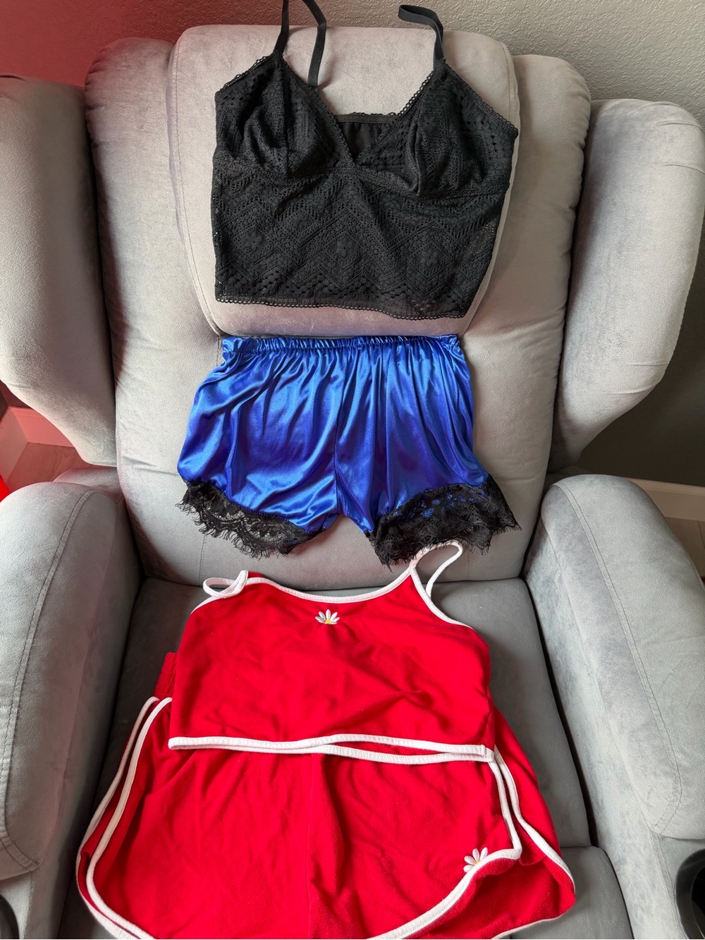 Women’s Intimates Set - Black Lace Bralette, Blue Satin Shorts & Red Cami